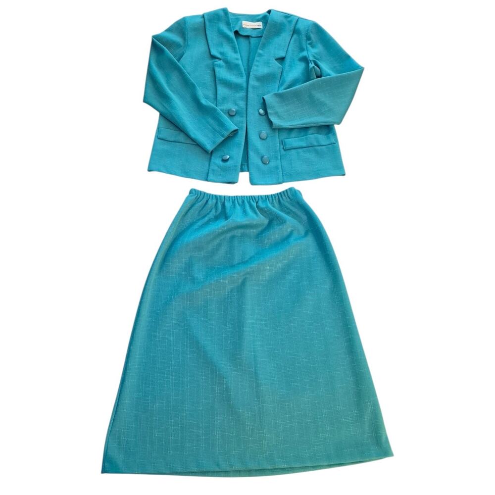 VTG 80s Pablo Collection Teal Skirt Suit Set 2pc Cropped Blazer Midi Size 10 USA